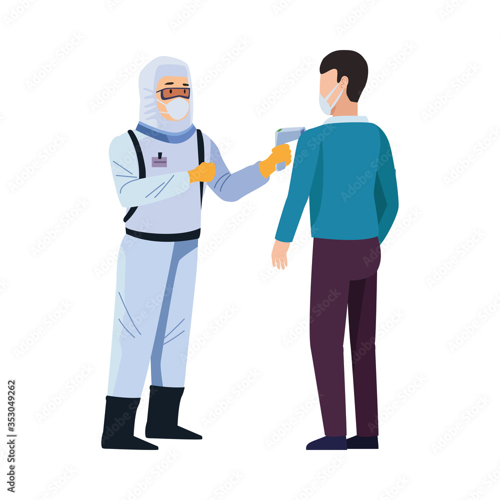 biosafety worker with thermometer laser and man biosafety worker with thermometer laser and man