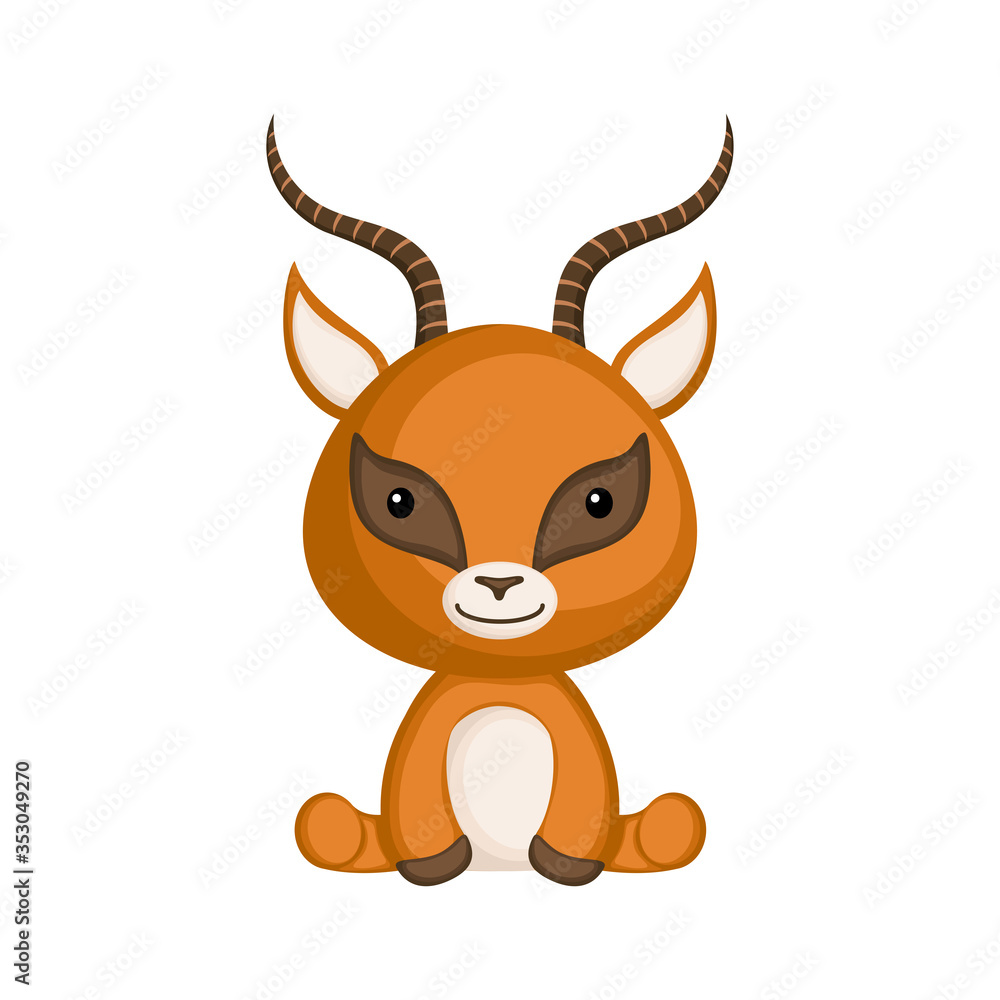 Fototapeta premium Cute funny sitting baby gazelle isolated on white background. Wild african adorable animal character for design of album, scrapbook, card and invitation. Flat cartoon colorful vector illustration.