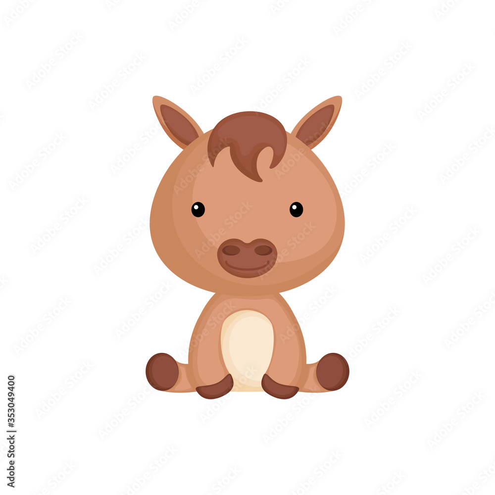 Cute funny sitting baby horse isolated on white background. Domestic adorable animal character for design of album, scrapbook, card and invitation. Flat cartoon colorful vector illustration. Cute funny sitting baby horse isolated on white background. Domestic adorable animal character for design of album, scrapbook, card and invitation. Flat cartoon colorful vector illustration.