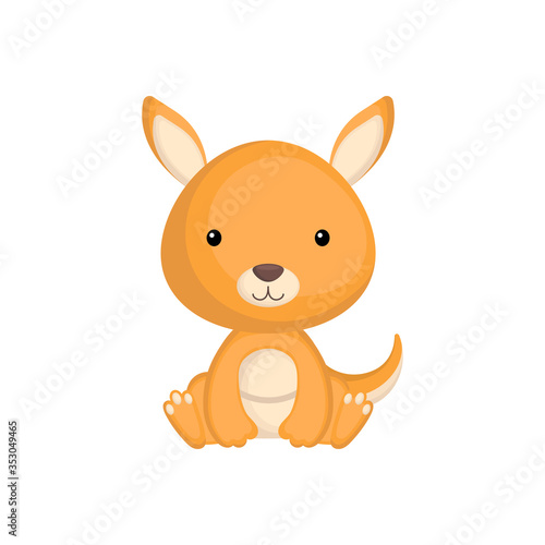 Cute funny sitting baby kangaroo isolated on white background. Wild australian adorable animal character for design of album, scrapbook, card and invitation. Flat cartoon colorful vector illustration.