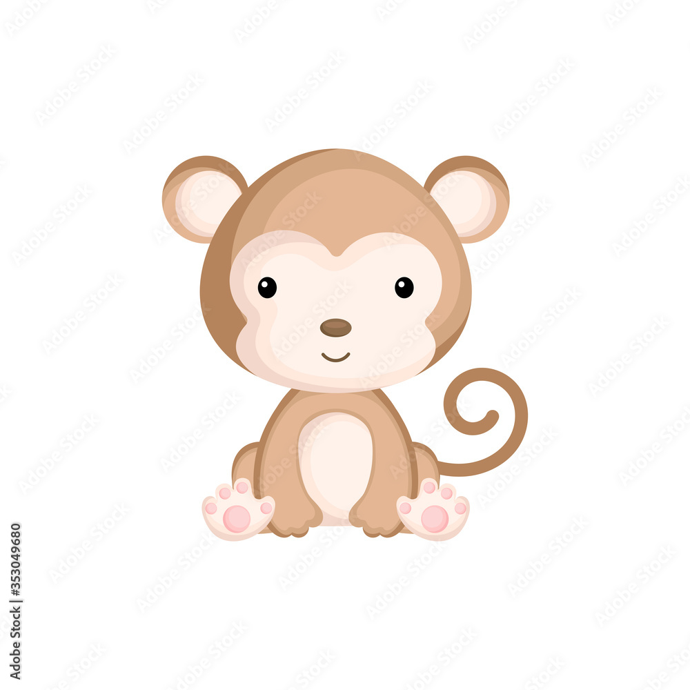 Cute funny sitting baby monkey isolated on white background. Wild african adorable animal character for design of album, scrapbook, card and invitation. Flat cartoon colorful vector illustration. Cute funny sitting baby monkey isolated on white background. Wild african adorable animal character for design of album, scrapbook, card and invitation. Flat cartoon colorful vector illustration.