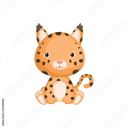 Cute funny sitting baby lynx isolated on white background. Wild adorable animal character for design of album, scrapbook, card and invitation. Flat cartoon colorful vector illustration.