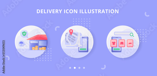 Delivery icon set collection with flat style full color modern flat cartoon design modern flat cartoon design with warehouse smartphone and ecomemrce vector