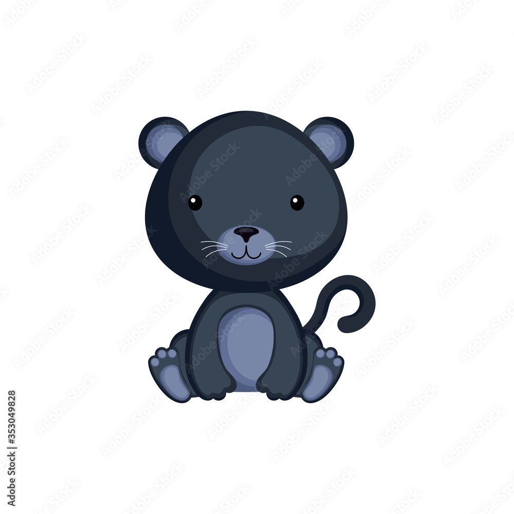 Naklejka premium Cute funny sitting baby panther isolated on white background. Jungle adorable animal character for design of album, scrapbook, card and invitation. Flat cartoon colorful vector illustration.
