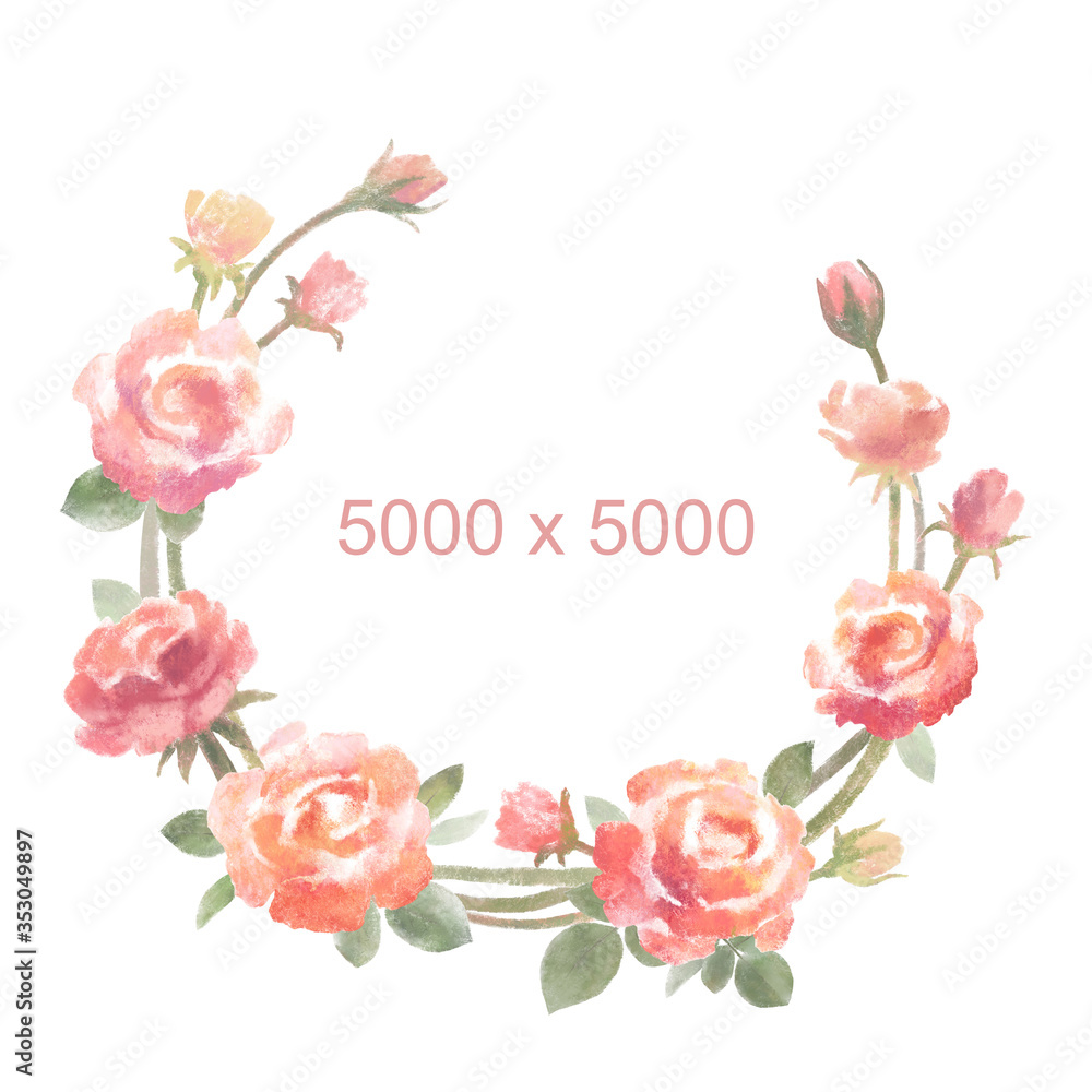 Flower wreath, roses frame. Pink watercolor floral stock illustration for greeting card or wedding invitation. Element for designing.