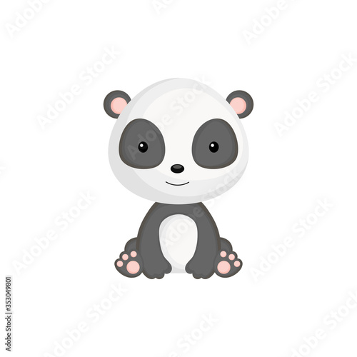 Cute funny sitting baby panda isolated on white background. Adorable animal character for design of album  scrapbook  card and invitation. Flat cartoon colorful vector illustration.