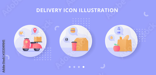 Delivery icon set collection with flat style full color modern flat cartoon design with motor bike vector