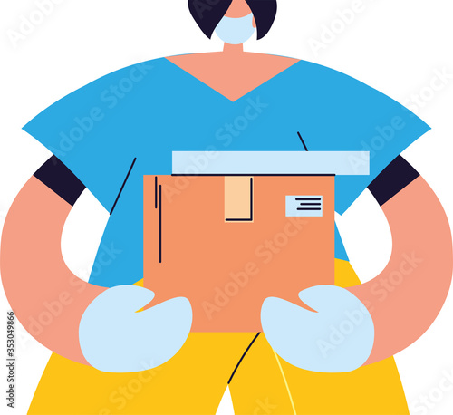 Courier with mask, gloves and packages to deliver