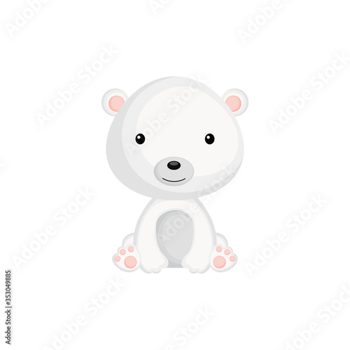 Cute funny sitting baby polar bear isolated on white background. Wild arctic adorable animal character for design of album, scrapbook, card and invitation. Flat cartoon colorful vector illustration.