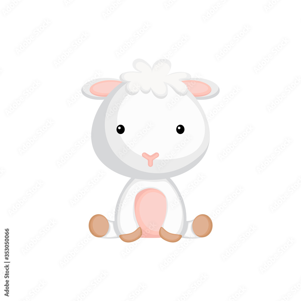 Cute funny sitting baby sheep isolated on white background. Domestic adorable animal character for design of album, scrapbook, card and invitation. Flat cartoon colorful vector illustration. Cute funny sitting baby sheep isolated on white background. Domestic adorable animal character for design of album, scrapbook, card and invitation. Flat cartoon colorful vector illustration.