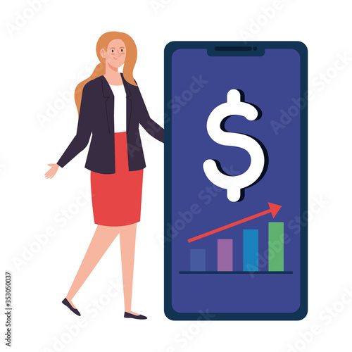 woman statistic in smartphone , infographic and charts elements devices, finance statistic report, mobile app technology vector illustration design