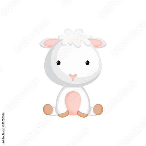 Cute funny sitting baby sheep isolated on white background. Domestic adorable animal character for design of album  scrapbook  card and invitation. Flat cartoon colorful vector illustration.