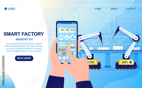 Smart Factory Colorful Concept. Hand with smartphone controls the production process. Industry 4.0 Smart robots work on the assembly line. Smart digital control system. Remote factory control. Vector