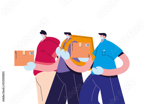 men couriers with mask, gloves, and shipping packages
