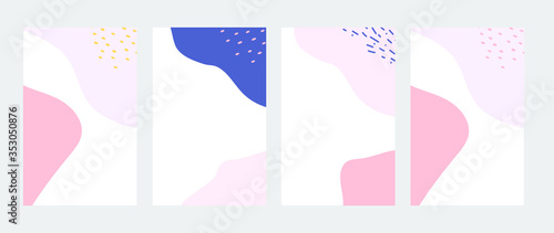 Abstract memphis style abstract shapes with dots and geometric elements. Yellow, pink, purple and navy blue minimalistic pastel backgrounds. Pop art color paint splash pattern.