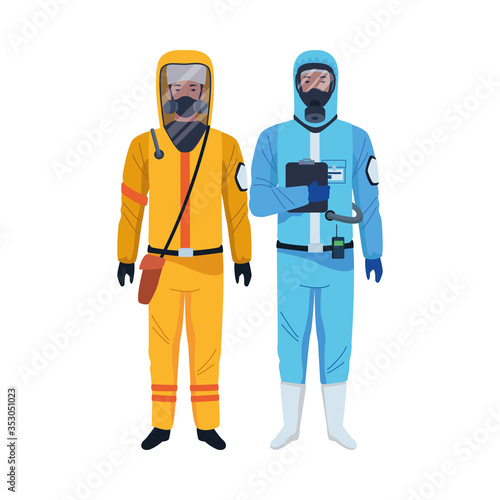 workers wearing biosafety suits characters