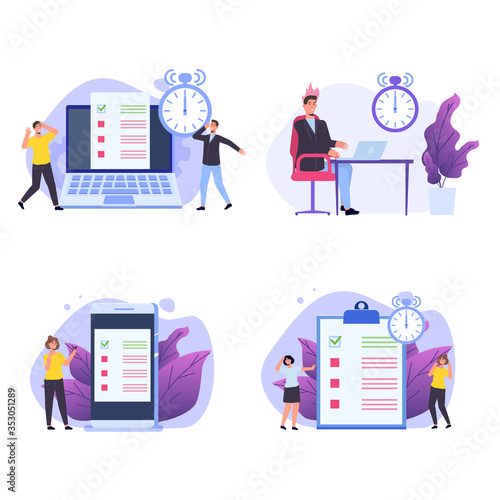 Inefficient time management concept. People unable to organize their tasks. Set  of deadline scenes. Vector isolated illustration