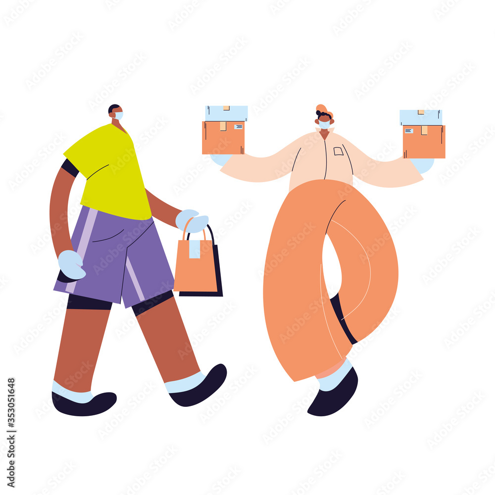 messenger and man with masks, gloves and packages messenger and man with masks, gloves and packages