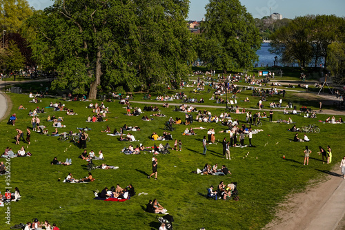 Fototapeta Naklejka Na Ścianę i Meble -  Stockholm, Sweden  People in the Ralambshovspark on a summer day during the Coronavirus pandemic.
