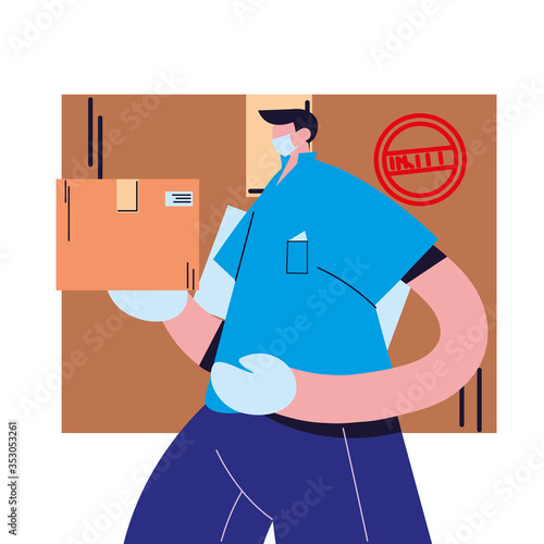 male courier with mask and packages to deliver