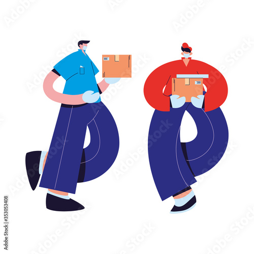 couriers with mask, gloves, and shipping packages