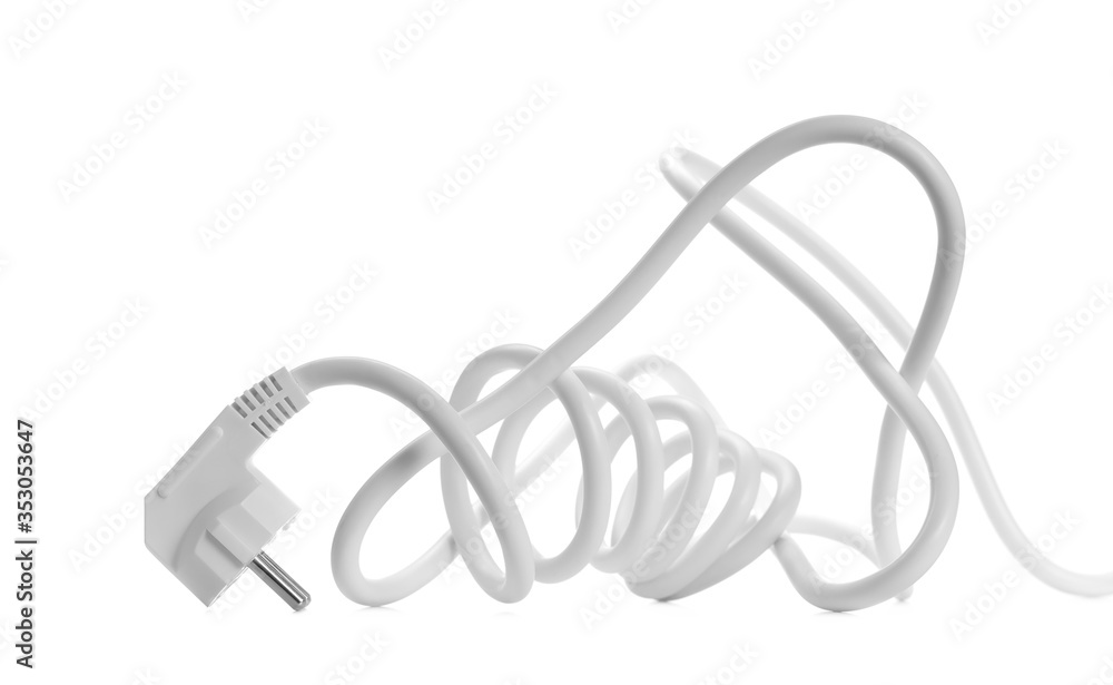 White electric power cable with plug isolated White electric power cable with plug isolated