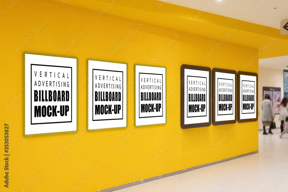 Mock up blank poster in six frames on yellow wall Mock up blank poster in six frames on yellow wall