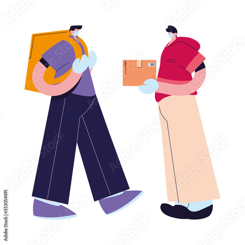 couriers with mask, gloves, and shipping packages