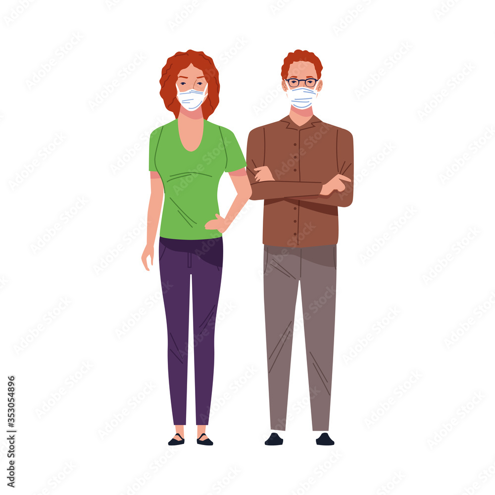 young couple using medical masks characters young couple using medical masks characters