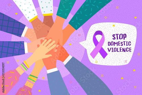 Concept of healthcare, charity, people and social problems. Hands with purple violet domestic violence awareness ribbon and hearts. © vectorstory