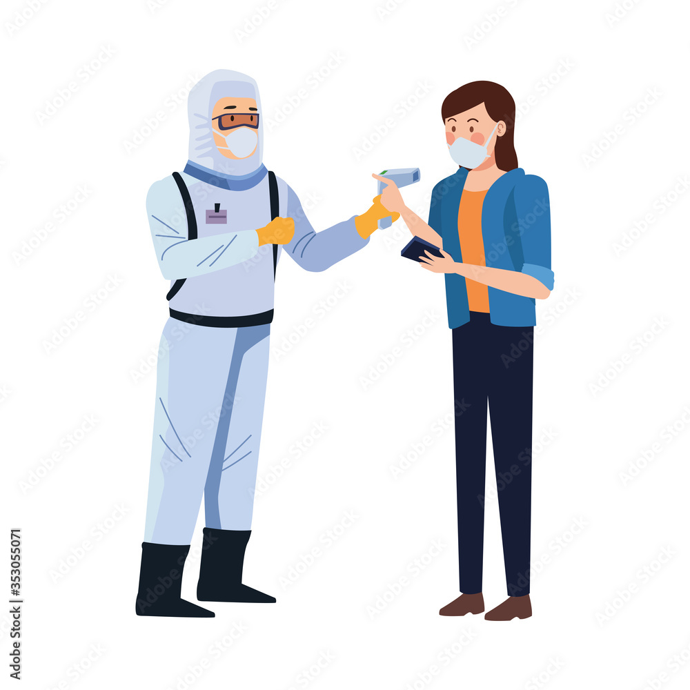 biosafety worker with thermometer laser and woman