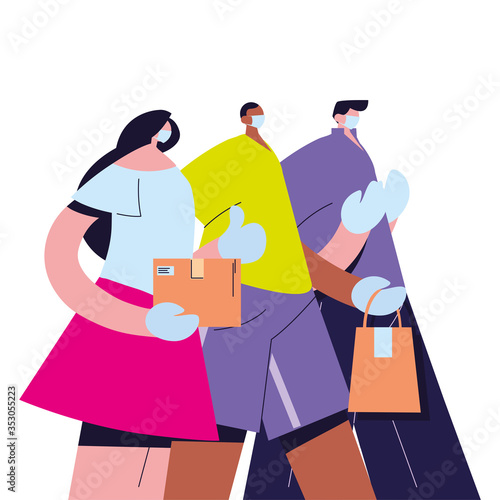people with mask, gloves and parcel