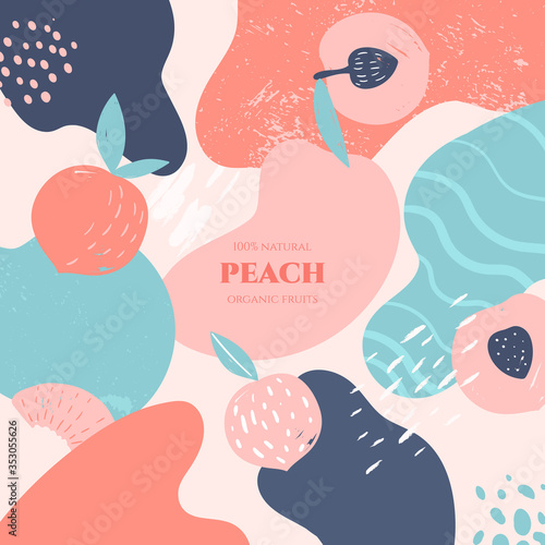 Vector frame with doodle peach and abstract elements. Hand drawn illustrations.