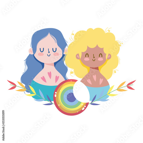 girls cartoons with lgtbi seal stamp with leaves vector design