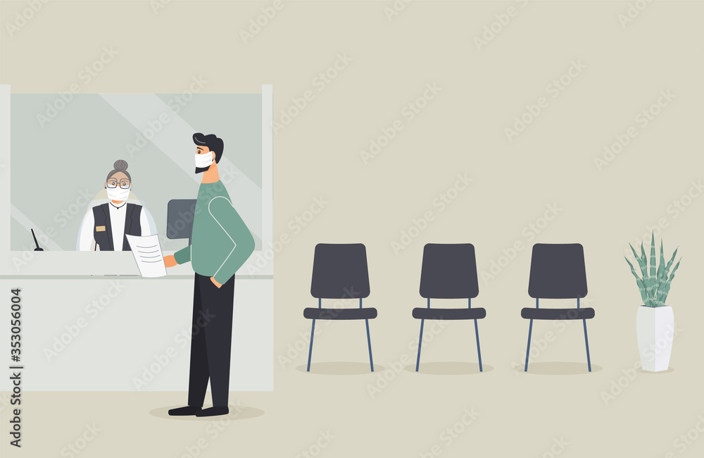 Bank office is open during epidemic of virus.Employee in protective medical mask behind counter serve customer.Client stand in hall near cash register window and talk to clerk.Vector flat illustration Bank office is open during epidemic of virus.Employee in protective medical mask behind counter serve customer.Client stand in hall near cash register window and talk to clerk.Vector flat illustration