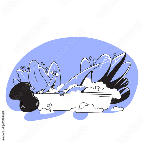 Vector Love yourself and take care of yourself concept. Young woman taking a bath, getting Healthcare Skincare time illustration. Take time for your self and love yourself feemale concept