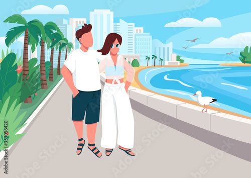 Couple in love walking along seafront flat color vector illustration. Romantic summer recreation. Boyfriend and girlfriend 2D cartoon characters with luxury resort coastline on background