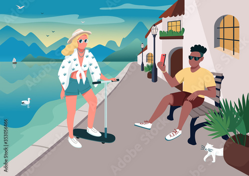 Couple taking selfie at waterfront area flat color vector illustration. People at seaside resort. Boyfriend and girlfriend 2D cartoon characters with ocean and village houses on background