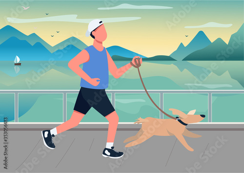Man running with dog on seafront flat color vector illustration. Person walking puppy at seaside quay. Guy and domestic animal 2D cartoon characters with coastline at sunset on background