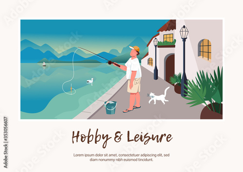 Hobby and leisure banner flat vector template. Brochure, poster concept design with cartoon characters. Man fishing. Holiday at seafront village horizontal flyer, leaflet with place for text