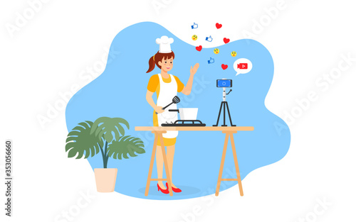 Young chef woman cooking at the kitchen via video streaming live in quarantine time. Online cooking vlog or food blogger tells how to cook. Flat vector for social distancing and stay at home concept.