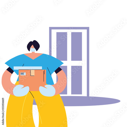 woman with mask and gloves in package delivery