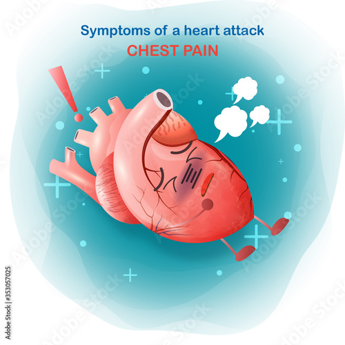 The heart has chest pain. Cartoon symptom of heart attack icon, chest pain. Emergency and cardiology on pink background. Vector modern style for web and medical apps. Vector illustration