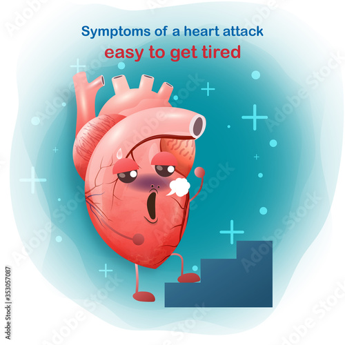 The heart easy to get tired. Cartoon symptom of heart attack icon Emergency and cardiology on pink background. Vector modern style for web and medical apps. Vector illustration
