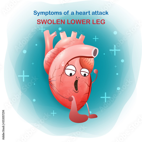 The heart has swollen lower leg. Cartoon symptom of heart attack icon Emergency and cardiology on pink background. Vector modern style for web and medical apps. Vector illustration