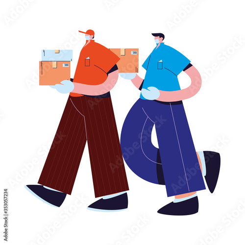 couriers with mask, gloves, and shipping packages