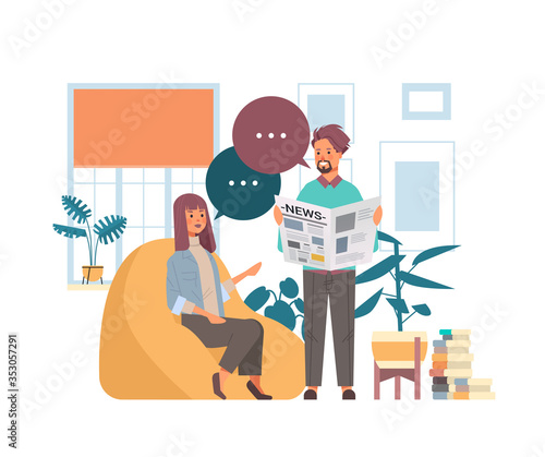 man woman reading newspapers couple discussing daily news together chat bubble communication mass media concept living room interior full length vector illustration