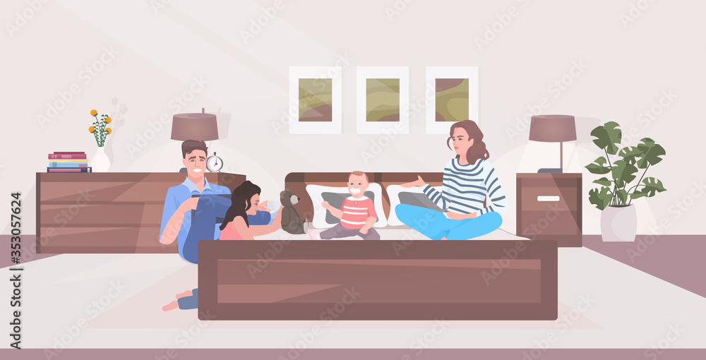 parents with children spending time together during coronavirus pandemic quarantine stay home concept modern bedroom interior horizontal full length vector illustration