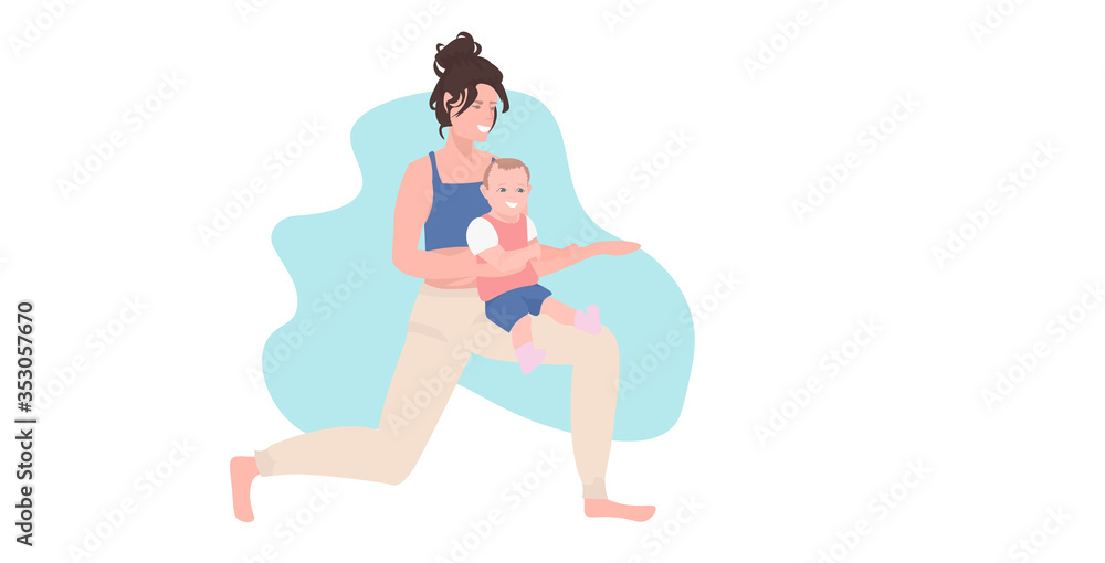 mother with son doing physical exercises woman engaged in fitness or yoga with baby boy healthy lifestyle concept flat full length horizontal isolated vector illustration mother with son doing physical exercises woman engaged in fitness or yoga with baby boy healthy lifestyle concept flat full length horizontal isolated vector illustration