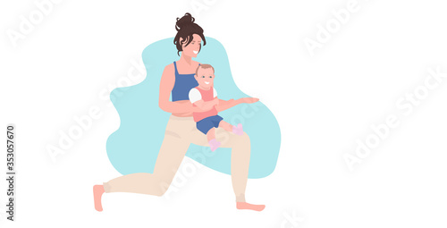 mother with son doing physical exercises woman engaged in fitness or yoga with baby boy healthy lifestyle concept flat full length horizontal isolated vector illustration